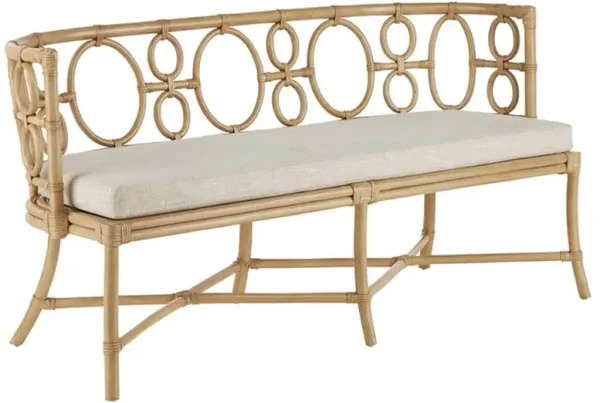 Theo Coastal Beach Beige Upholstered Natural Rattan Bench