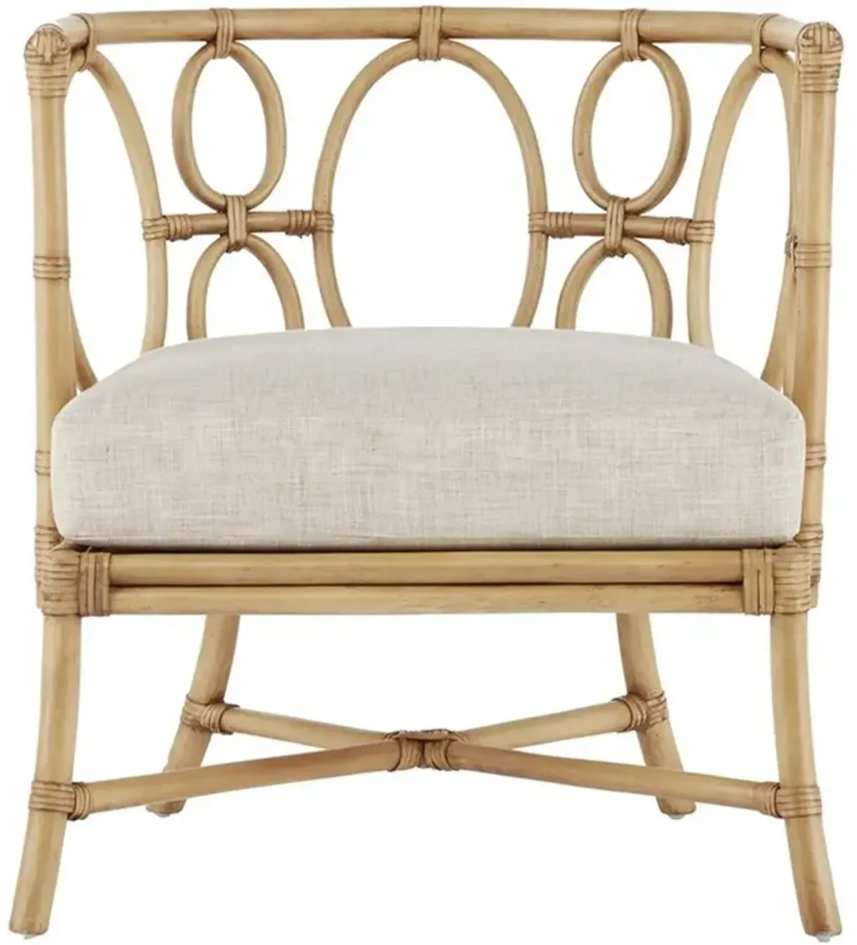 Theo Coastal Beach Beige Upholstered Natural Rattan Barrel Chair