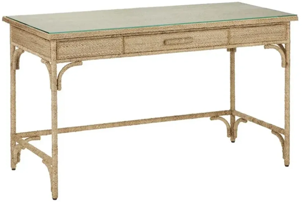 Jesse Coastal Beach Glass Top Natural Abaca Rope 1 Drawer Desk