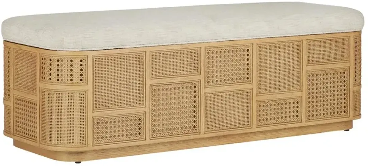 Elaina Coastal Natural Oak Wood Beige Upholstered Seat Rattan Cane Storage Bench