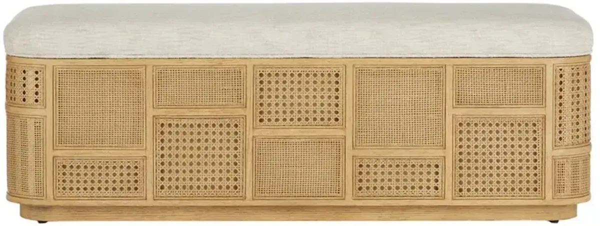 Elaina Coastal Natural Oak Wood Beige Upholstered Seat Rattan Cane Storage Bench