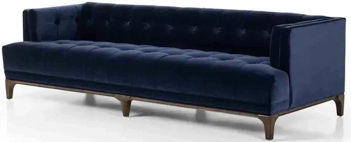 Allen Mid Century Navy Blue Velvet Brown Wood Frame Tufted Sofa - 91.25"W