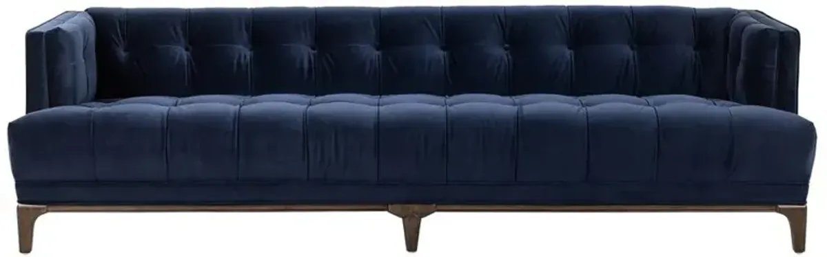 Allen Mid Century Navy Blue Velvet Brown Wood Frame Tufted Sofa - 91.25"W