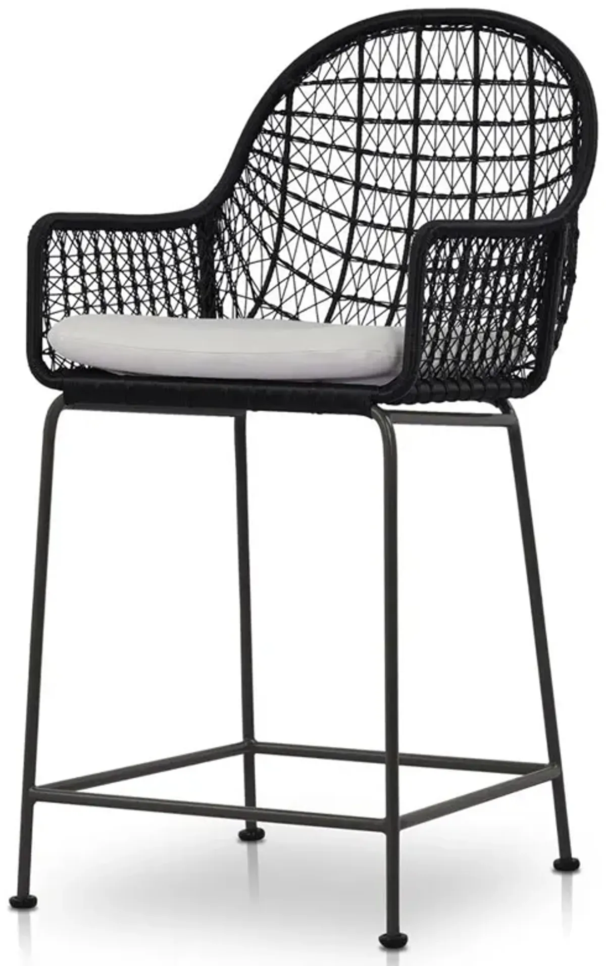 Elena Coastal Beach White Cushion Black Wicker Iron Frame Outdoor Counter Stool