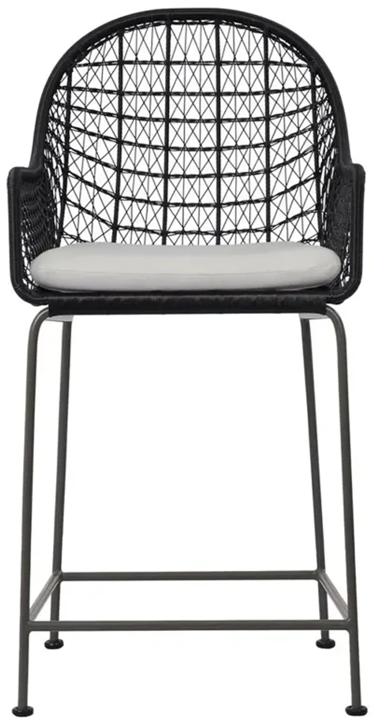 Elena Coastal Beach White Cushion Black Wicker Iron Frame Outdoor Counter Stool
