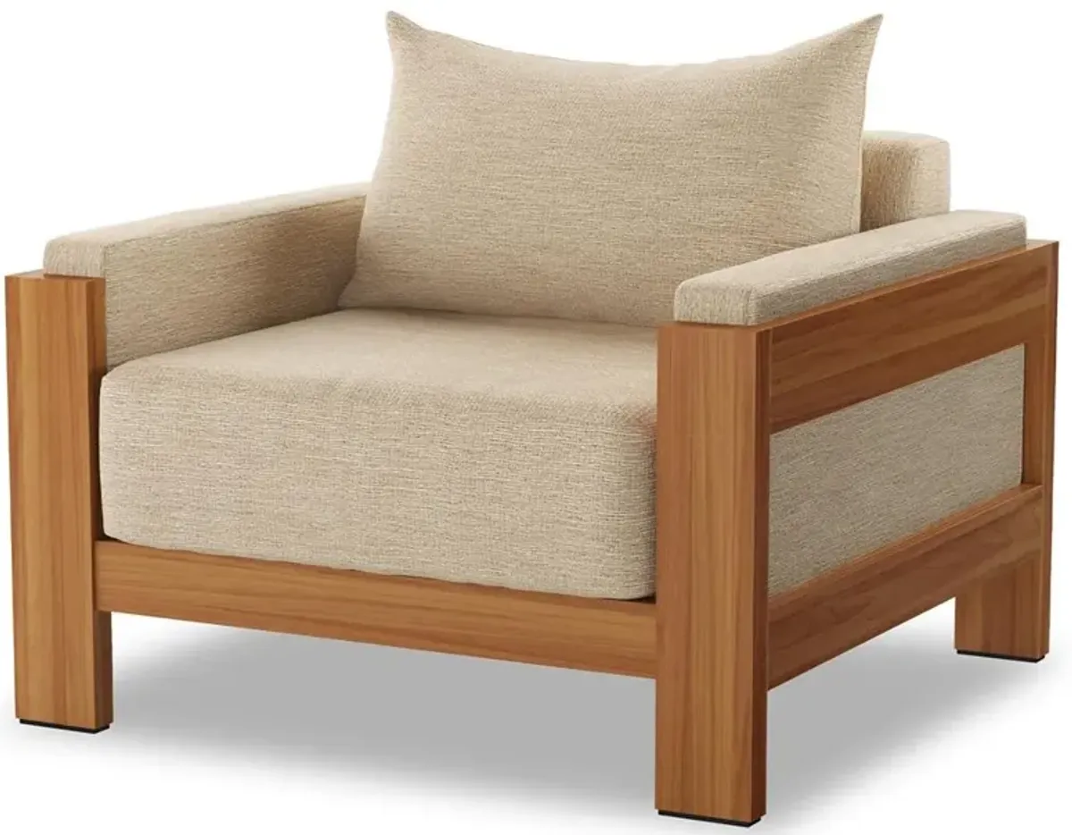 Charles Coastal Cream Upholstered Natural Teak Wood Outdoor Lounge Arm Chair