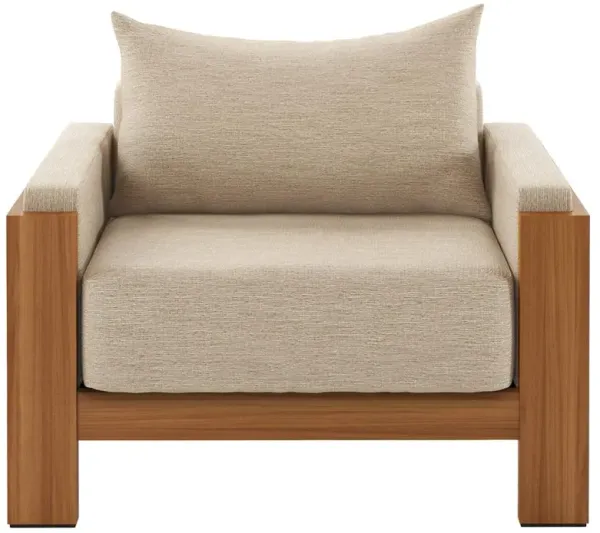 Charles Coastal Cream Upholstered Natural Teak Wood Outdoor Lounge Arm Chair