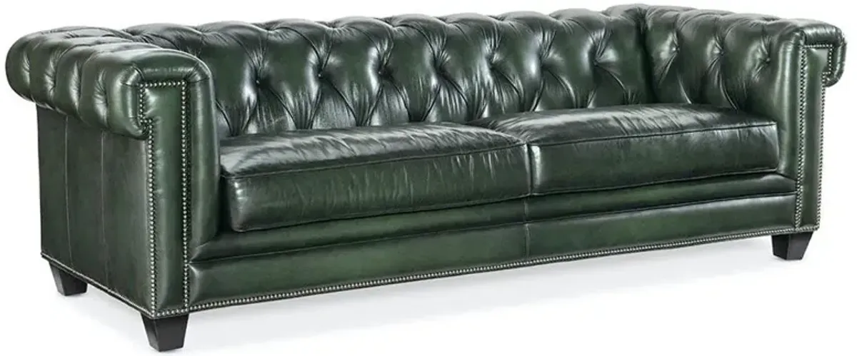Harry Rustic Lodge Green Upholstered Leather Nailhead Tufted Sofa - 96"W