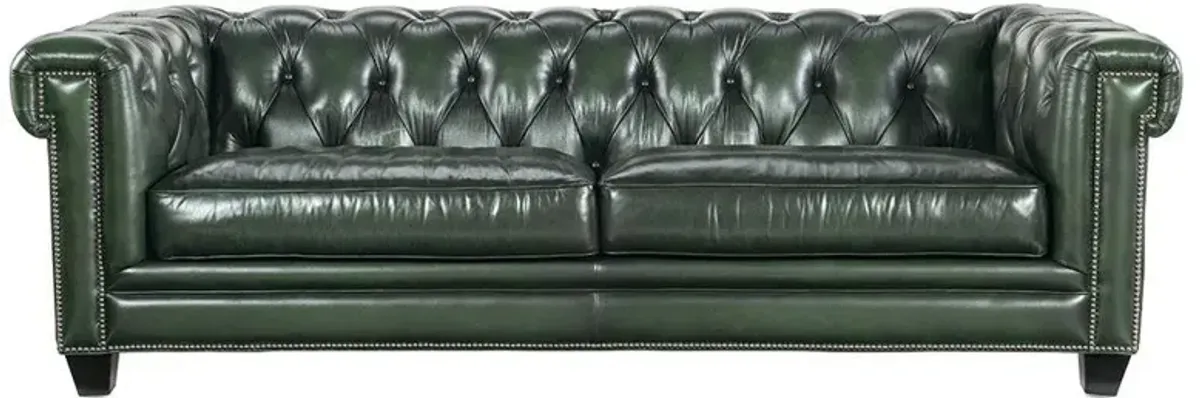 Harry Rustic Lodge Green Upholstered Leather Nailhead Tufted Sofa - 96"W