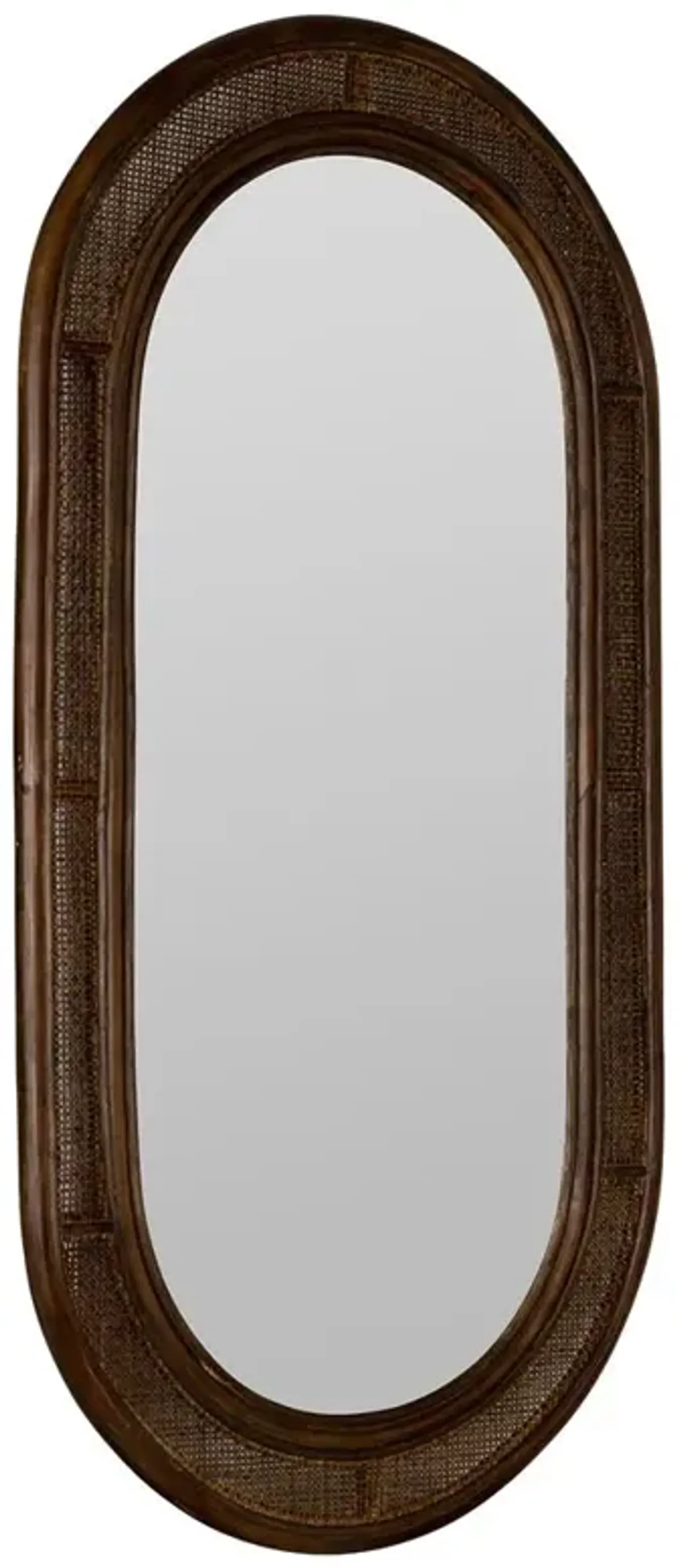 Rowan Mid Century Modern Dark Walnut Rattan Oval Wall Mirror