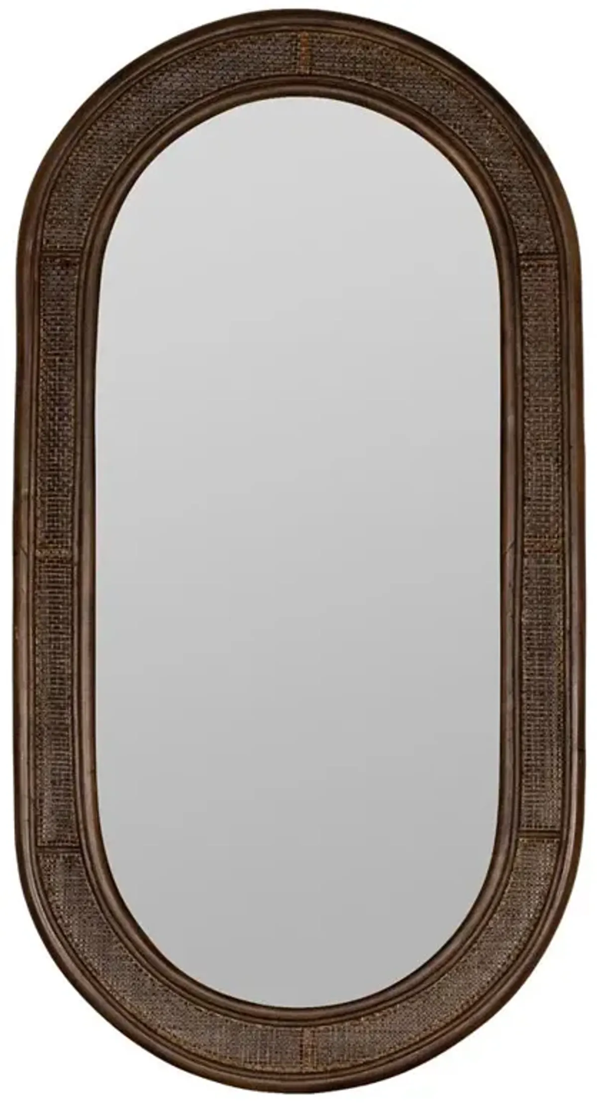 Rowan Mid Century Modern Dark Walnut Rattan Oval Wall Mirror