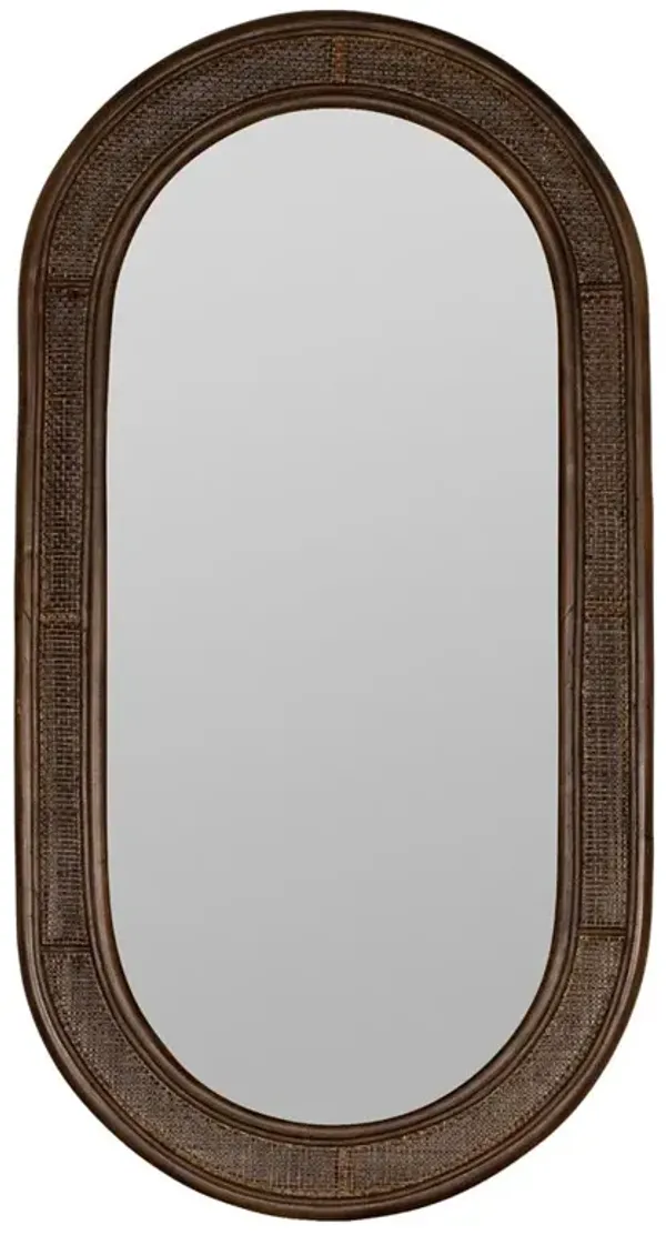 Rowan Mid Century Modern Dark Walnut Rattan Oval Wall Mirror