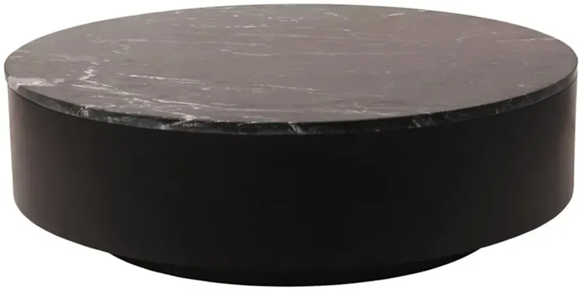 Nanna Industrial Loft Black Marble Top Solid Wood Round Drum Coffee Table
