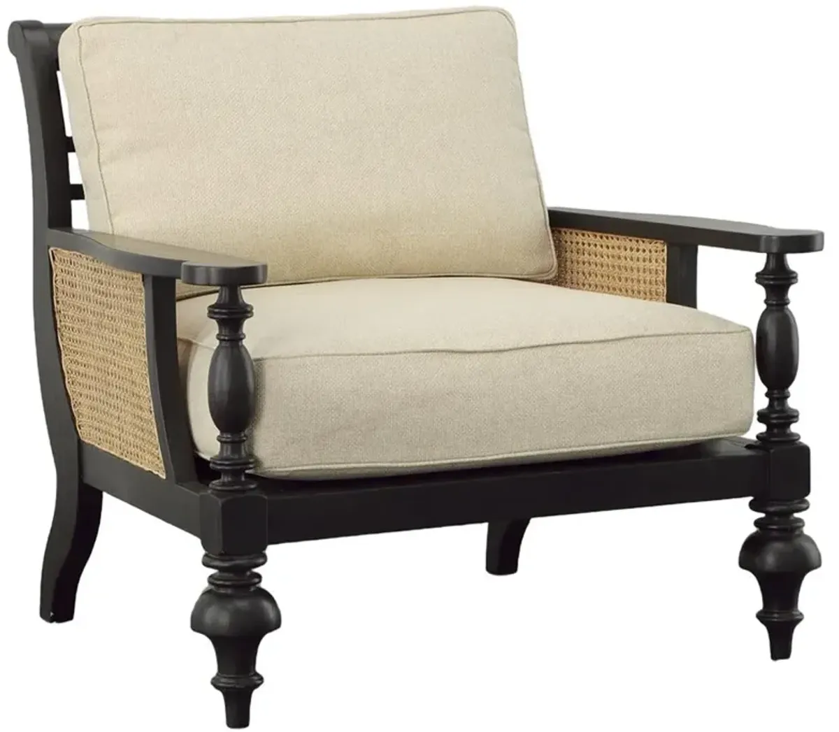 Theo Coastal Cream Performance Black Mahogany Woven Cane Occasional Arm Chair