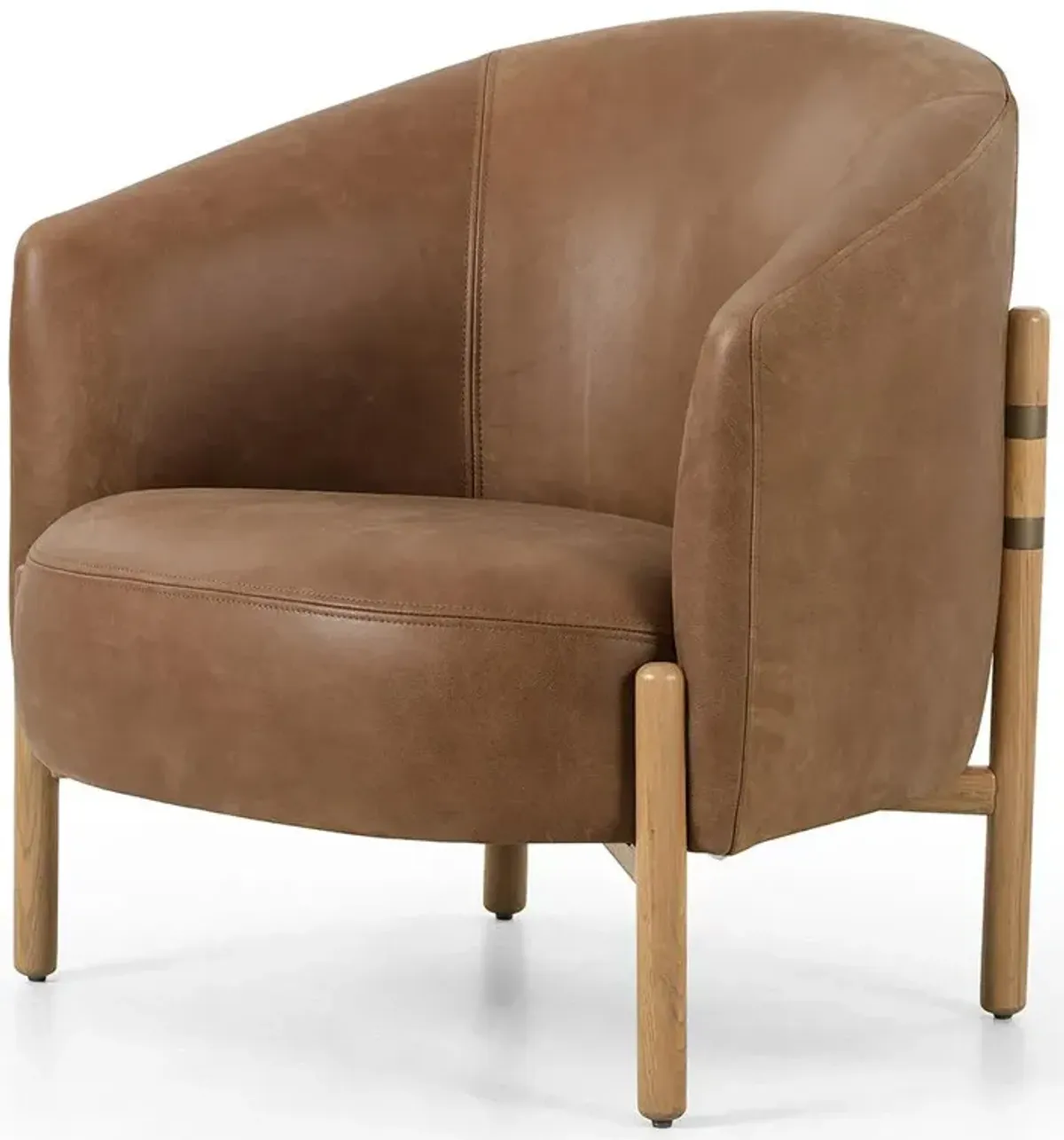 Emmie Rustic Lodge Brown Leather Oak Barrel Occasional Chair