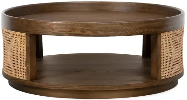 Callow Coastal Beach Natural Cane Woven Brown Ash Wood 2 Tier Round Coffee Table