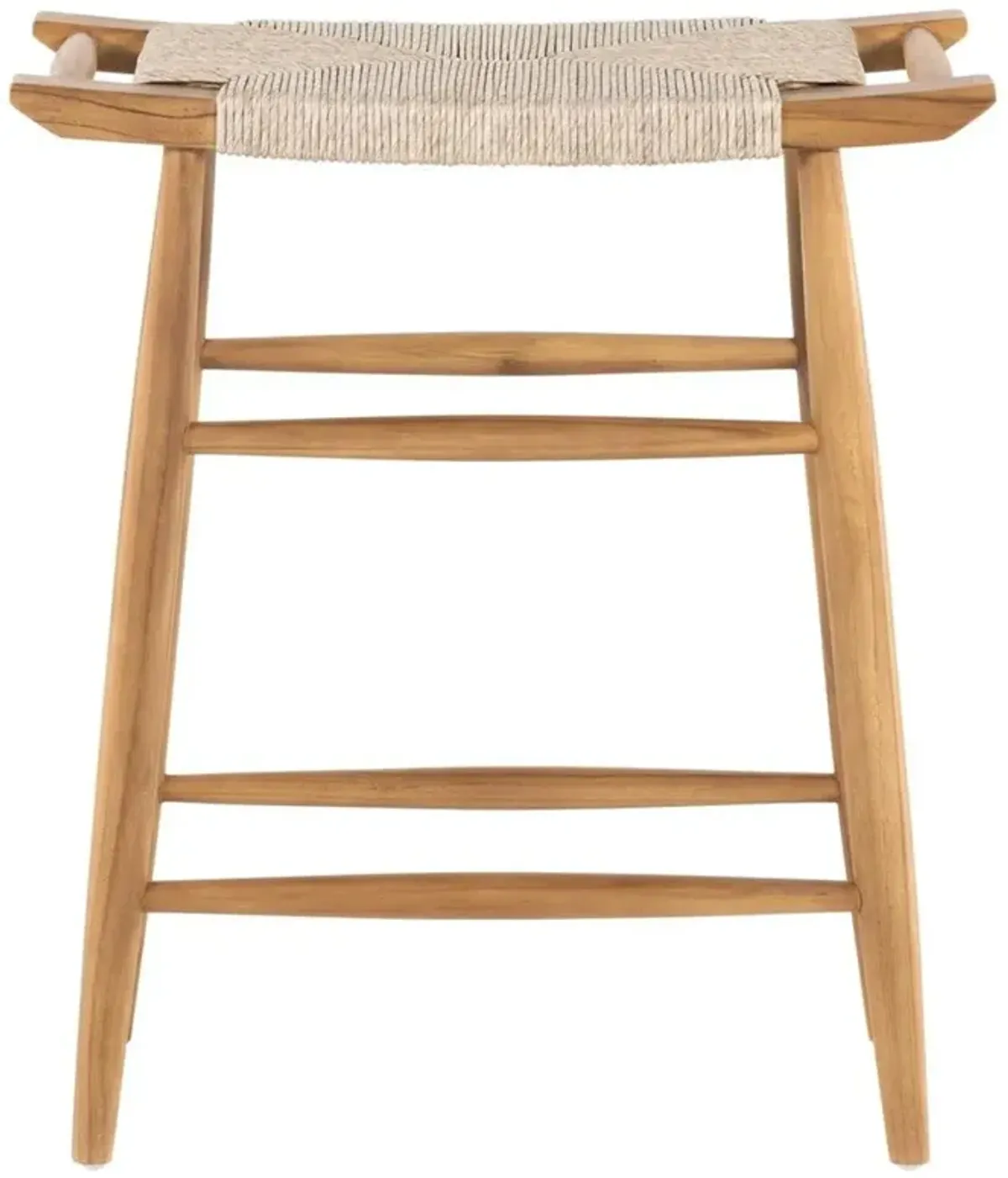 Open Box Farah Coastal Beach Beige Woven Wicker Seat Natural Teak Outdoor Counter Stool