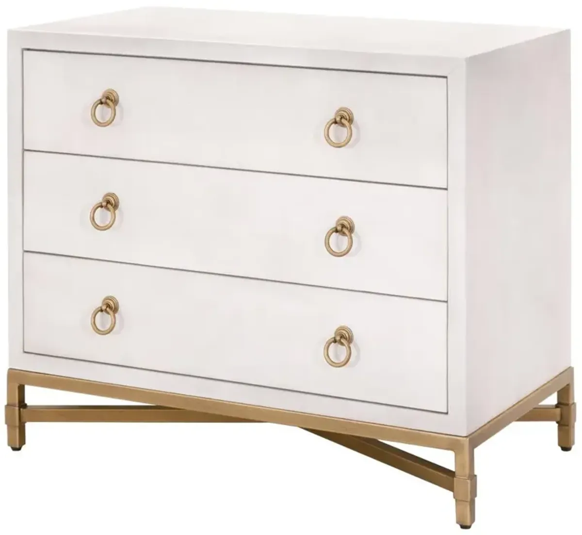 Simon Modern Pearl White Faux Shagreen Brushed Gold Metal 3 Drawer Nightstand