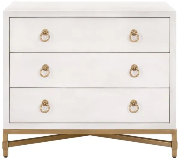 Simon Modern Pearl White Faux Shagreen Brushed Gold Metal 3 Drawer Nightstand