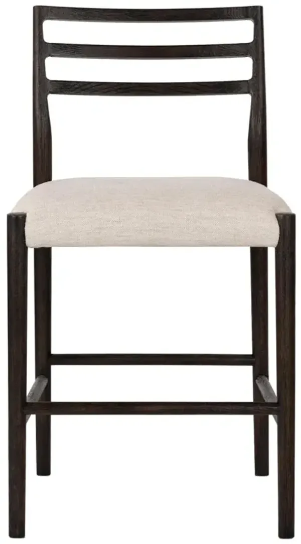 George Mid Century Modern Beige Upholstered Dark Brown Solid Oak Counter Stool