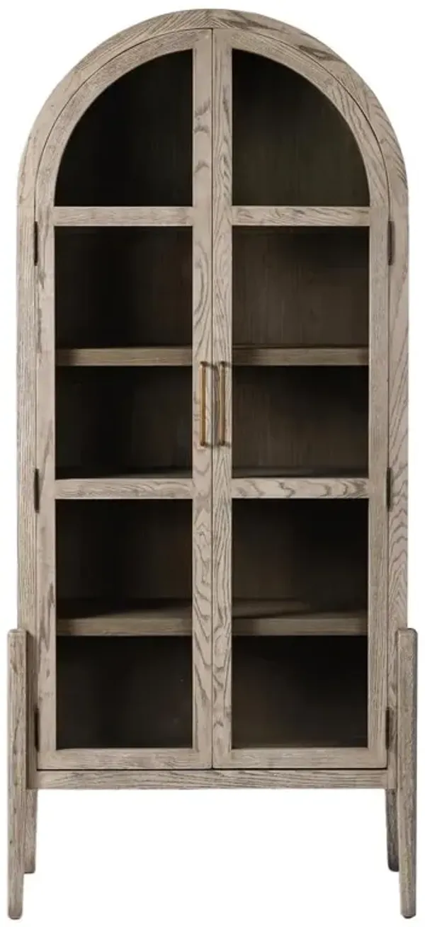 Ivan Mid Century White Solid Oak Wood 2 Glass Door Arched Display Case