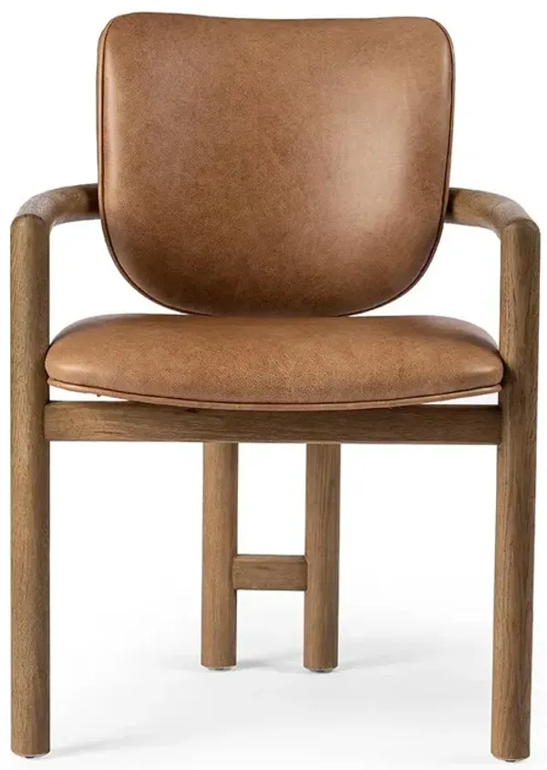 Macayle Modern Classic Brown Leather Seat Oak Dining Arm Chair