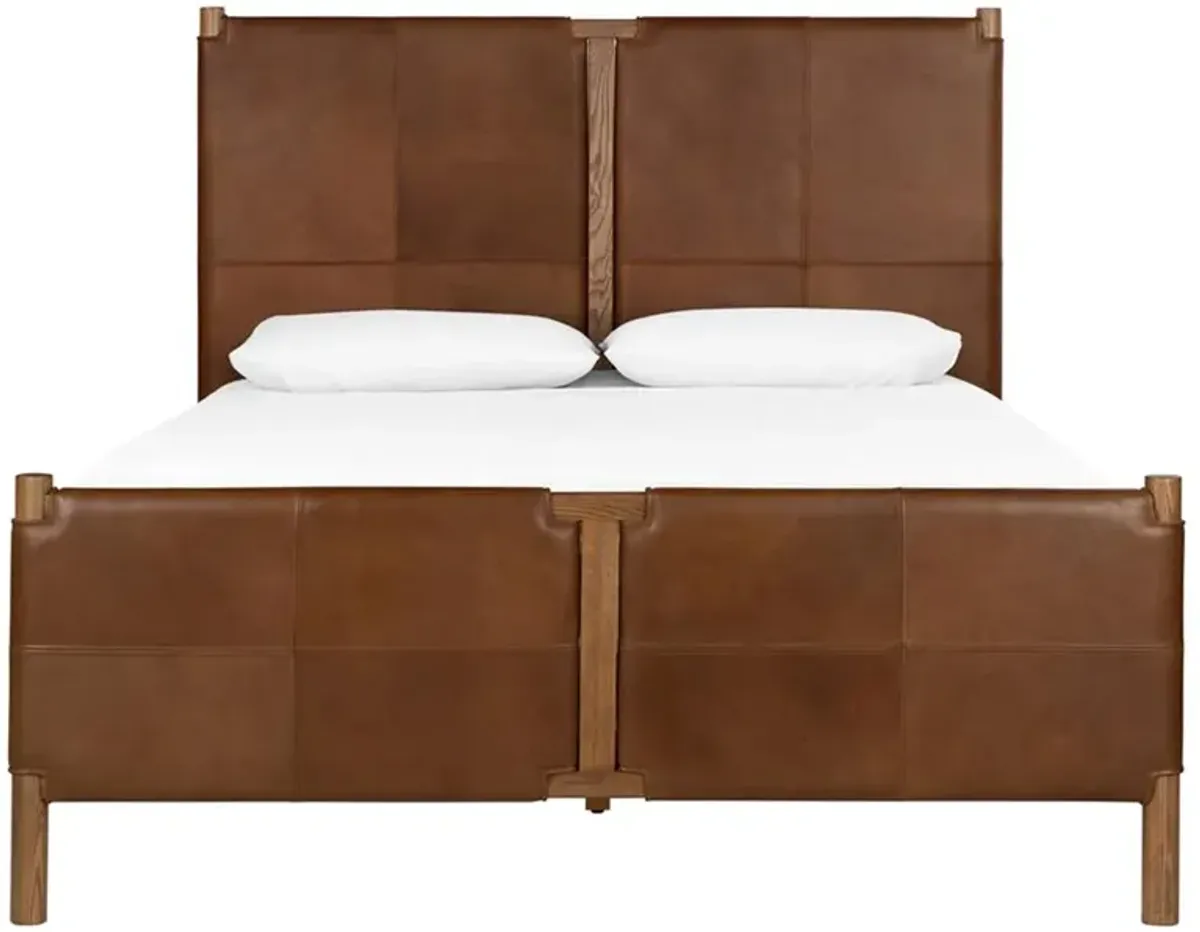 Hubert Rustic Lodge Brown Leather Upholstered Wood Classic Bed - Queen
