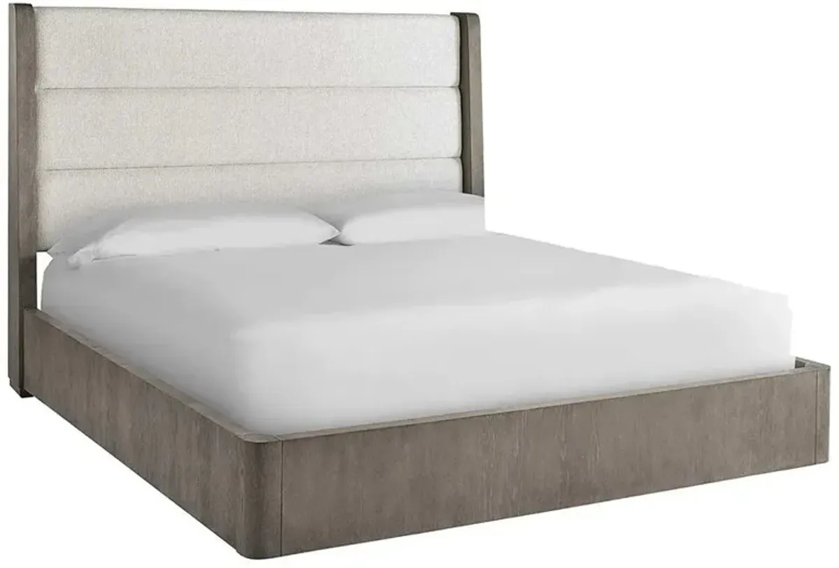 Ellie Modern Classic Off White Upholstered Weathered Grey Oak Tufted Bed - King