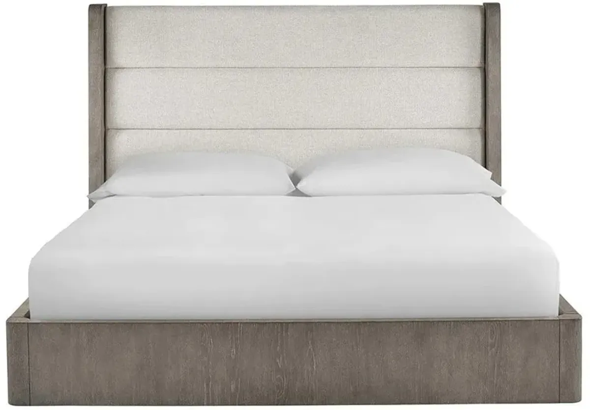 Ellie Modern Classic Off White Upholstered Weathered Grey Oak Tufted Bed - King