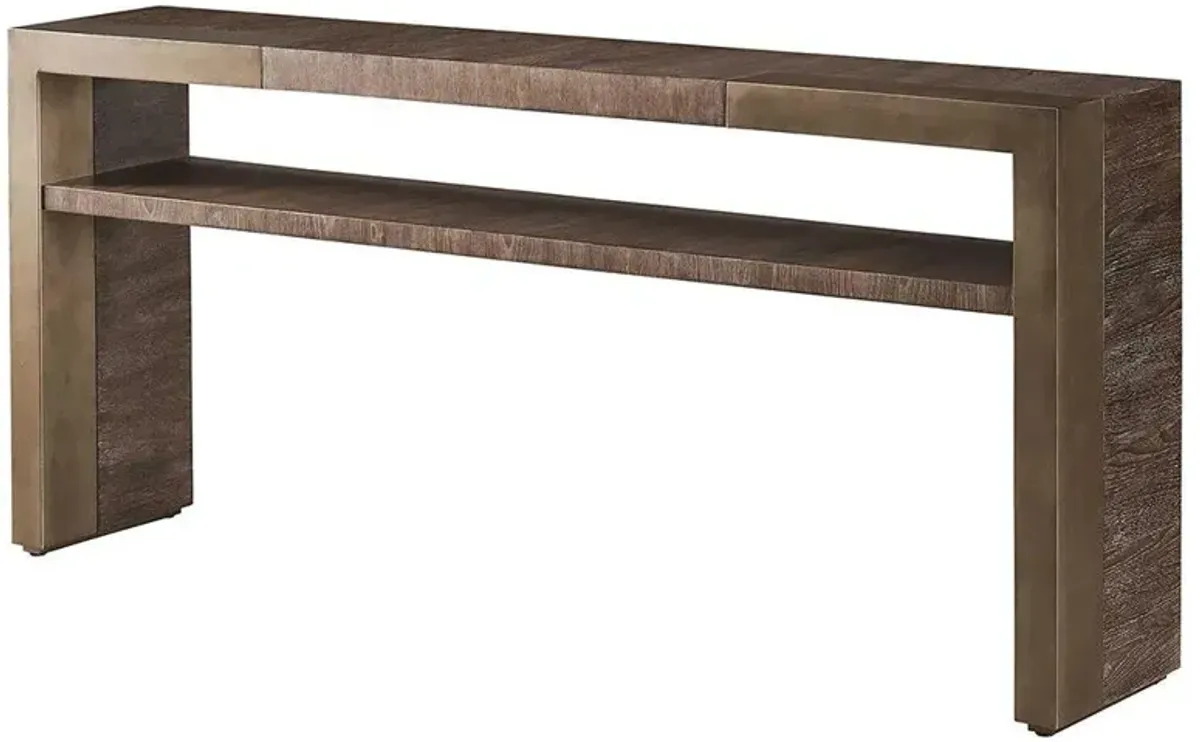 Ethan Industrial Loft Dark Brown Walnut Brass Metal Rectangular Console Table