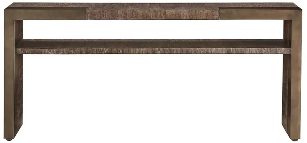 Ethan Industrial Loft Dark Brown Walnut Brass Metal Rectangular Console Table