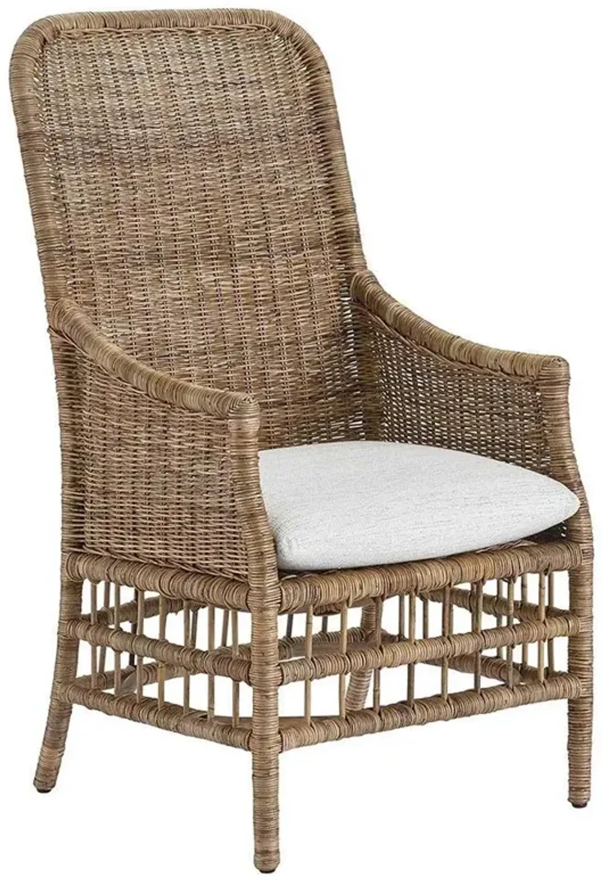 Clio Coastal Beach Off White Cushion Brown Woven Wicker Dining Arm Chair