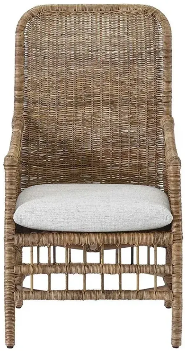 Clio Coastal Beach Off White Cushion Brown Woven Wicker Dining Arm Chair