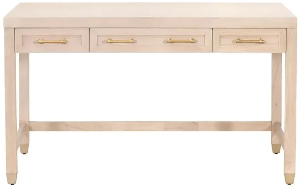 Stacy Modern Classic Light Brown Oak Wood Brass Steel 3 Drawer Desk