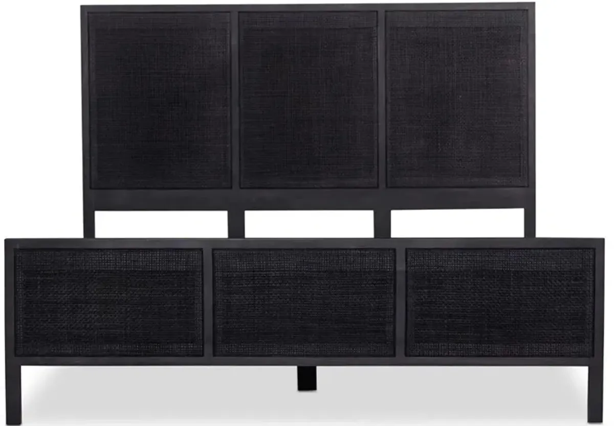 Rhian Coastal Beach Black Woven Cane Black Mango Wood Bed - Queen