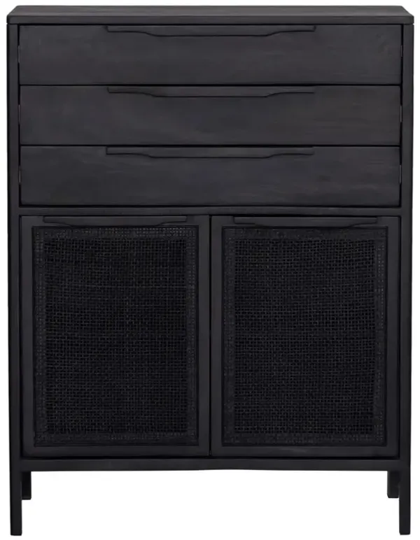 Rhian Coastal Beach Black Mango Wood Black Woven Cane 3 Drawer Dresser