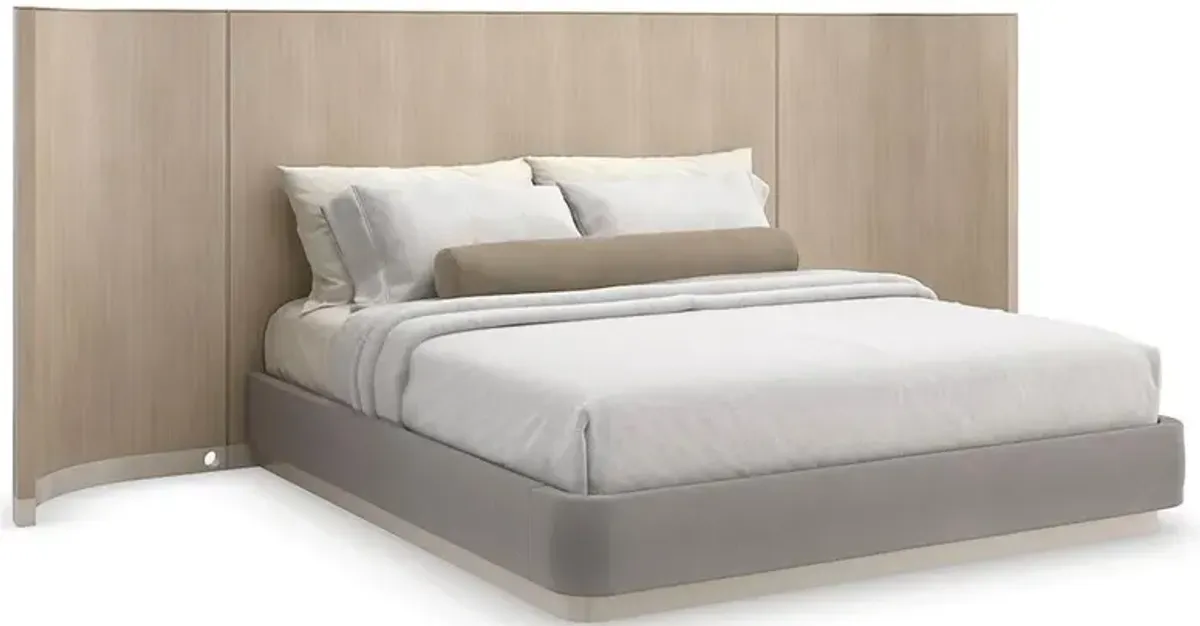 Kyla Grey Upholstered Base Brown Wood Panel Wing Bed - King