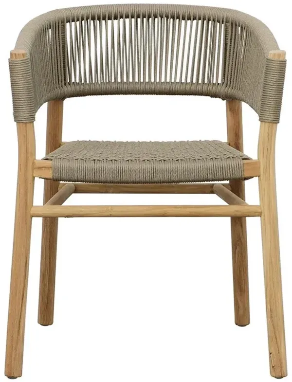 Tina Coastal Beach Taupe Woven Rope Natural Teak Frame Outdoor Dining Arm Chair