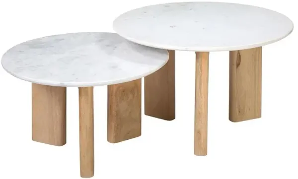 Roshan Mid Century White Marble Mango Wood Nesting Coffee Tables