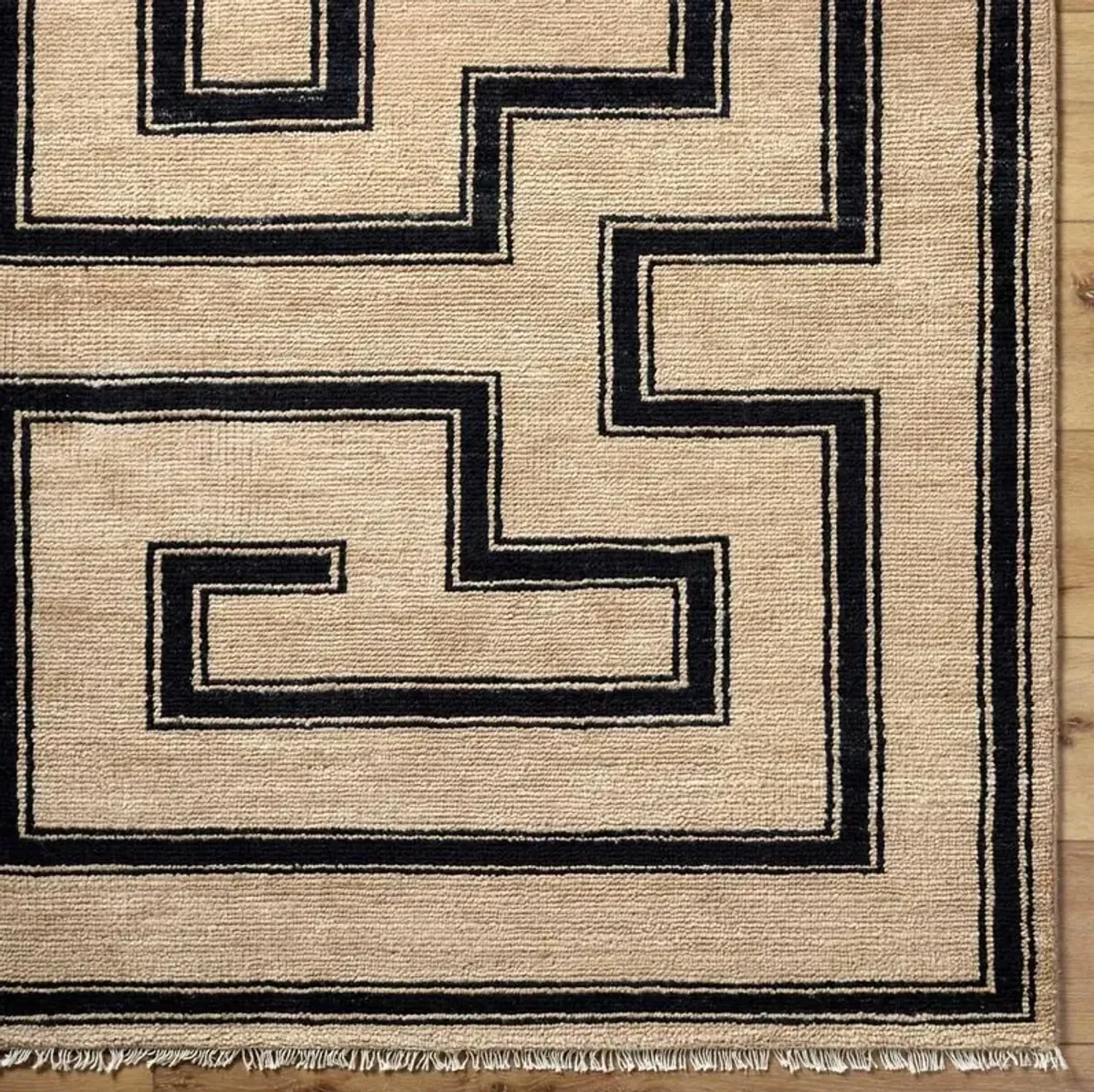 Eliza Global Bazaar Brown Wool Black Geometric Patterned Hand Knotted Rug - 6'x9'