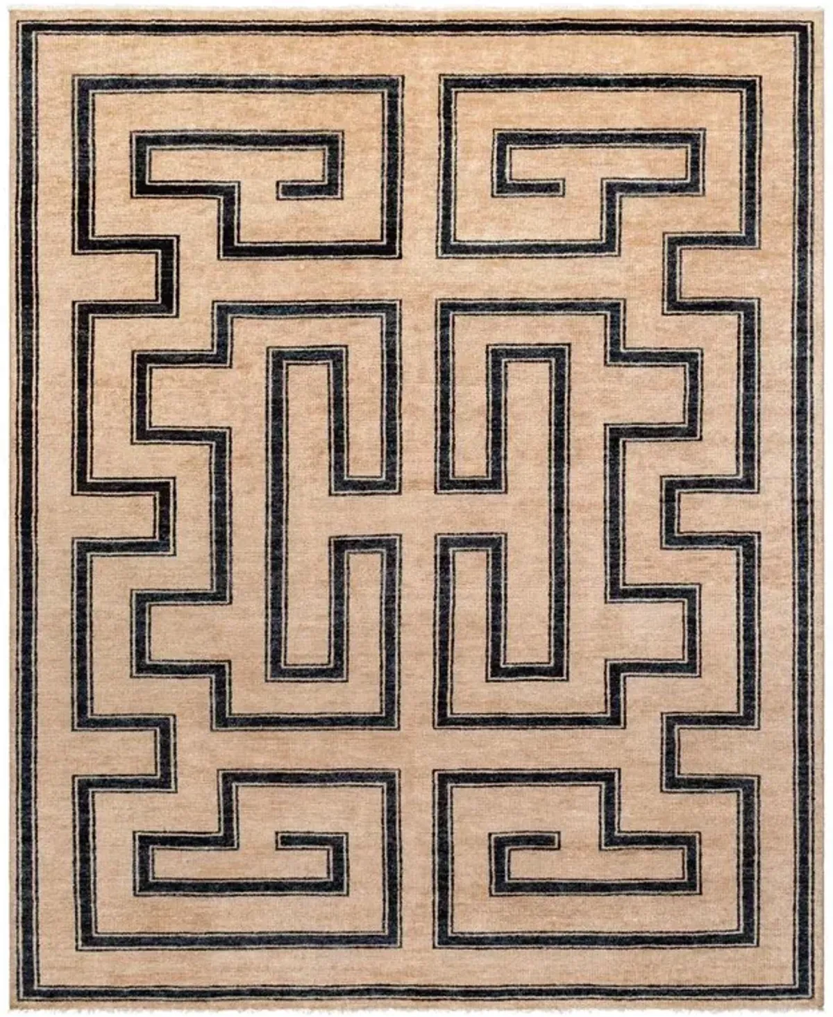 Eliza Global Bazaar Brown Wool Black Geometric Patterned Hand Knotted Rug - 6'x9'