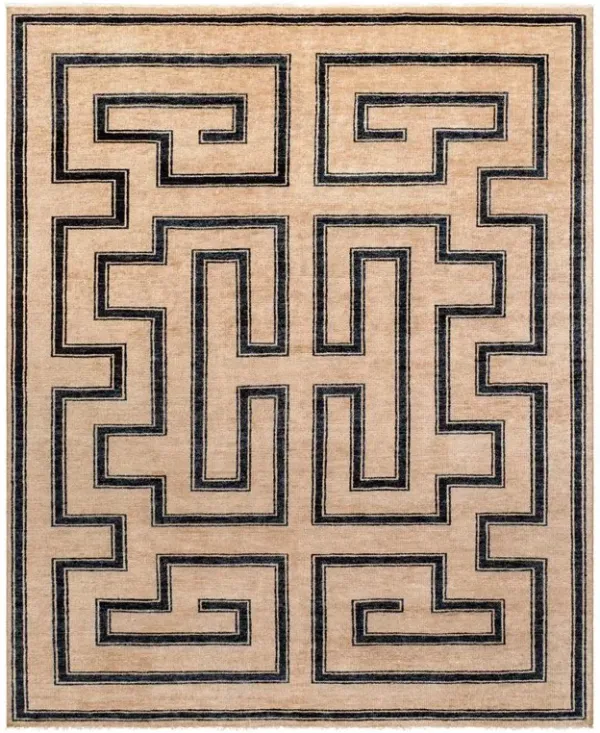 Eliza Global Bazaar Brown Wool Black Geometric Patterned Hand Knotted Rug - 6'x9'
