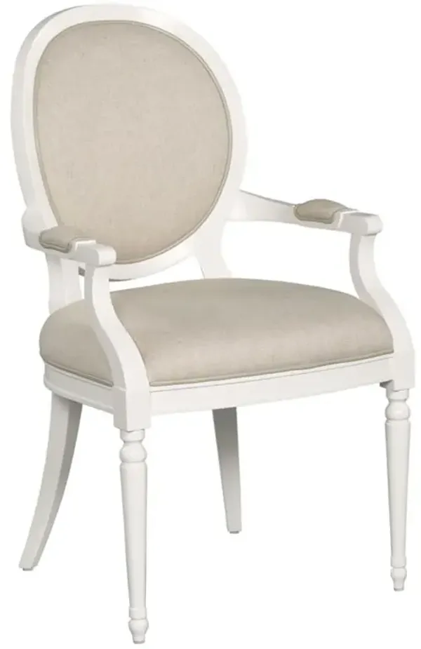 Hampton French White Dove Wood Off White Linen Dining Arm Chair