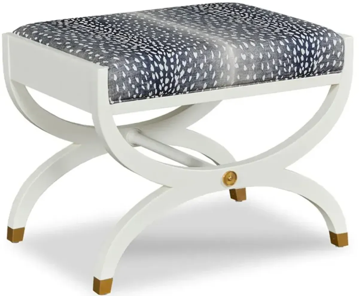 O'Brien French Country White Dove Wood Navy Blue Upholstered Stool