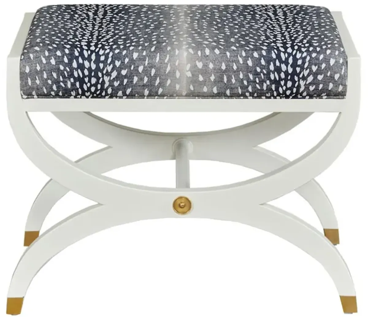 O'Brien French Country White Dove Wood Navy Blue Upholstered Stool