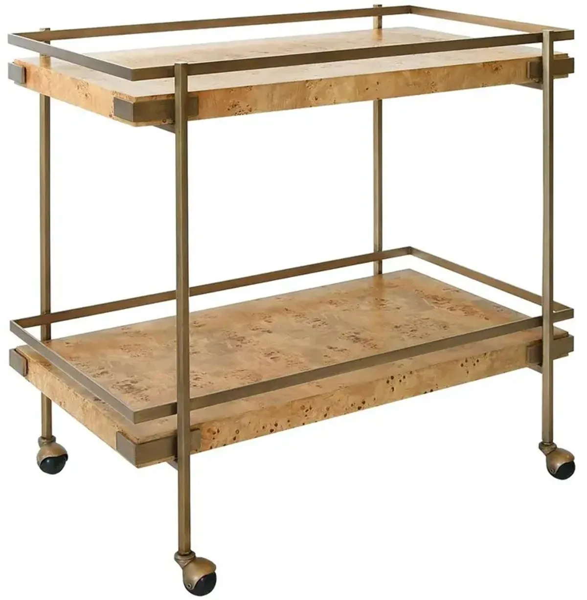 Worlds Away Cash Modern Classic Brown Burl Wood Antique Brass Bar Cart