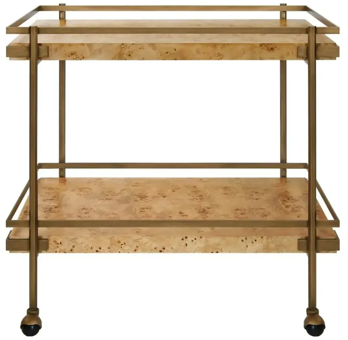 Worlds Away Cash Modern Classic Brown Burl Wood Antique Brass Bar Cart