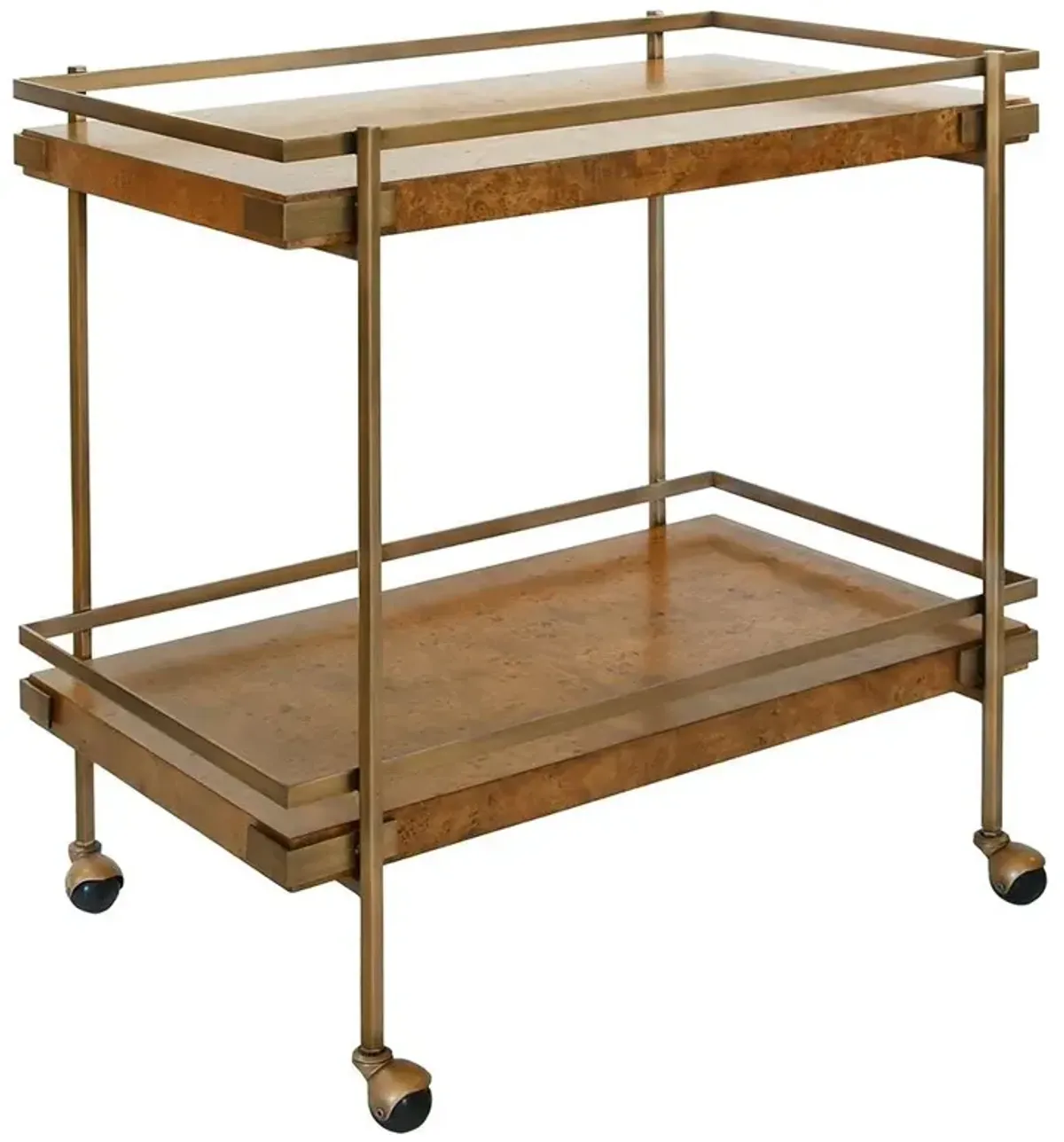 Worlds Away Cash Modern Classic Dark Brown Burl Wood Antique Brass Bar Cart