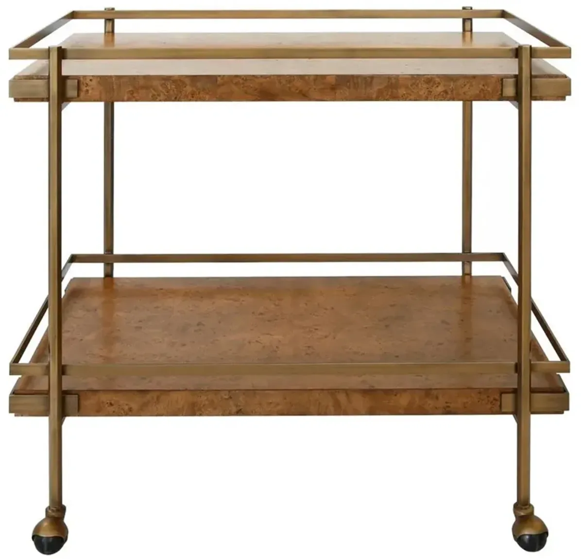 Worlds Away Cash Modern Classic Dark Brown Burl Wood Antique Brass Bar Cart
