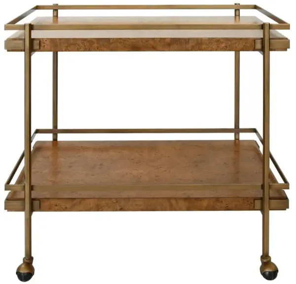 Worlds Away Cash Modern Classic Dark Brown Burl Wood Antique Brass Bar Cart